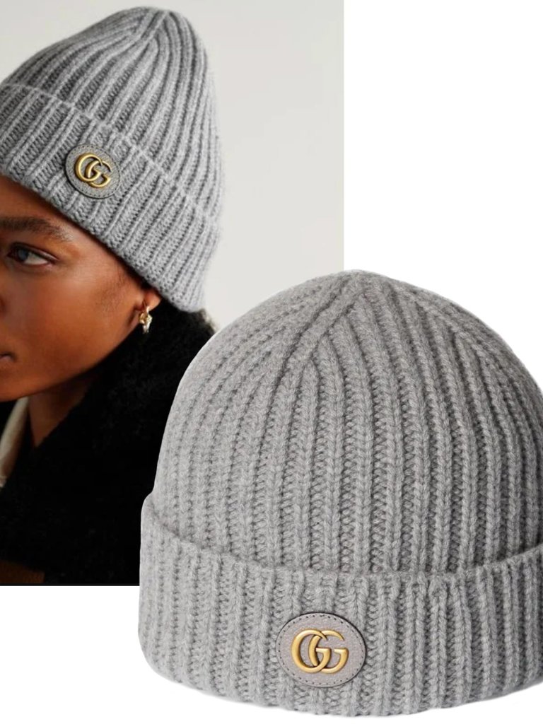 Gucci Hat Gray Wool Cashmere Rib Knit Logo Patch Beanie M / Medium / 57cm